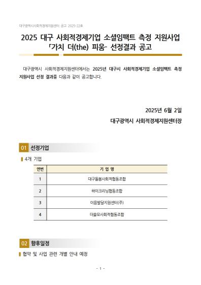 2025년 대구시 사회적경제기업 소셜임팩트 측정지원사업 심사결과 안내