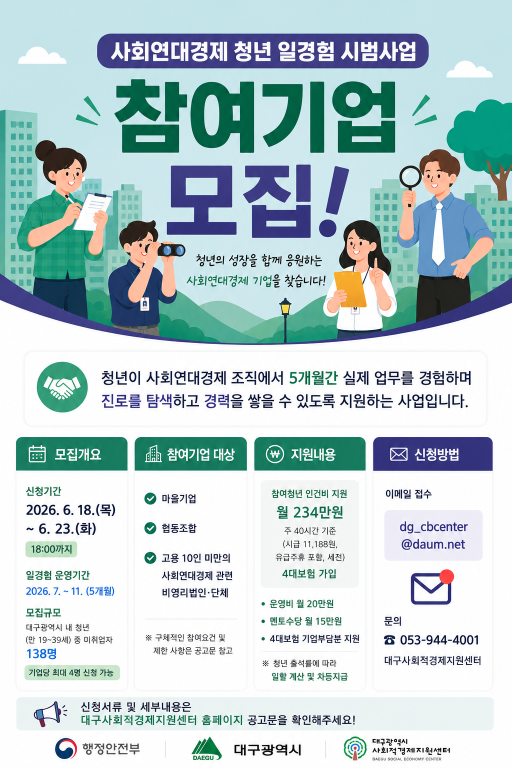 사회연대경제 청년 일경험 시범사업 참여기업 모집공고(~6. 23)