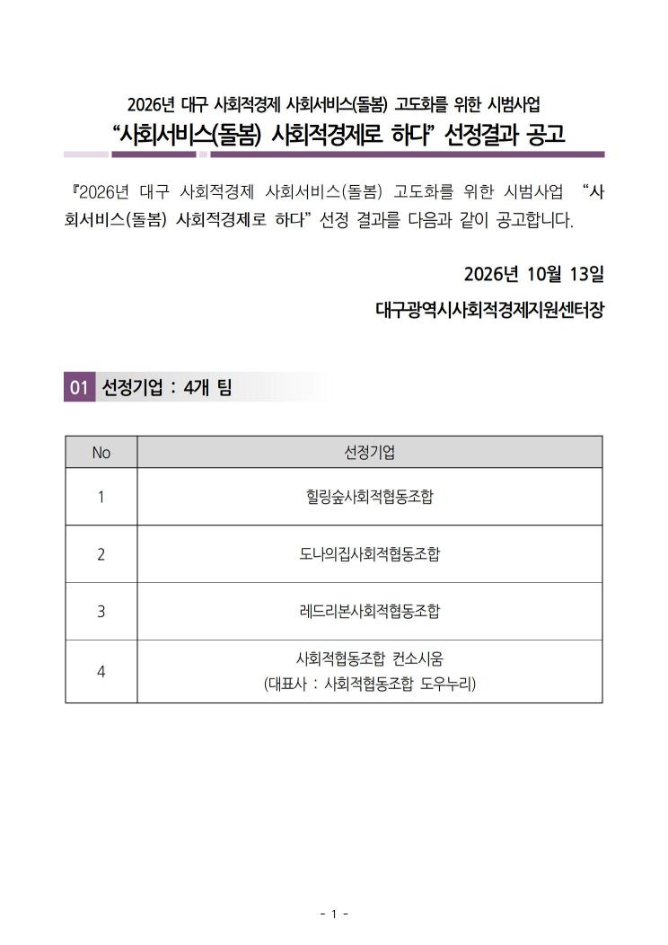 2026 사회서비스(돌봄) 사회적경제로하다 시범사업 선정 공고
